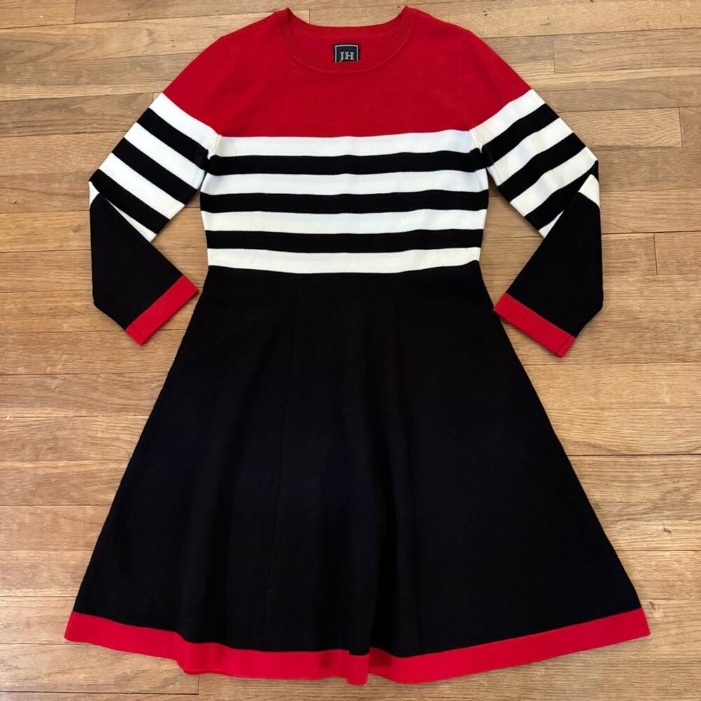 Jessica Howard red black striped knee length a-line sweater dress size S
b55